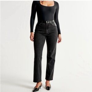 Women's Black High-Waisted Half Denim Half Leather